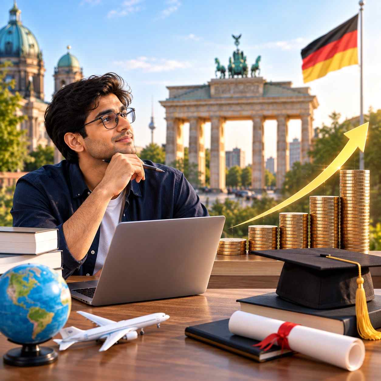 MBA in Germany without GMAT ROI visual showing rising coin stacks, career growth, graduation symbols, and German landmarks in the background.